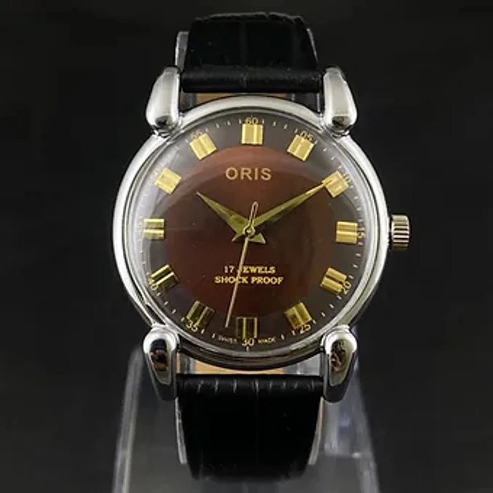 Vintage 1974 Oris Manual Mens Silver Watch W/Leather Strap & Brown accents